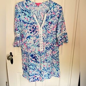 LILLY PULITZER Hollie Dress pink, blue with White Embroidery  on neck sleeves M